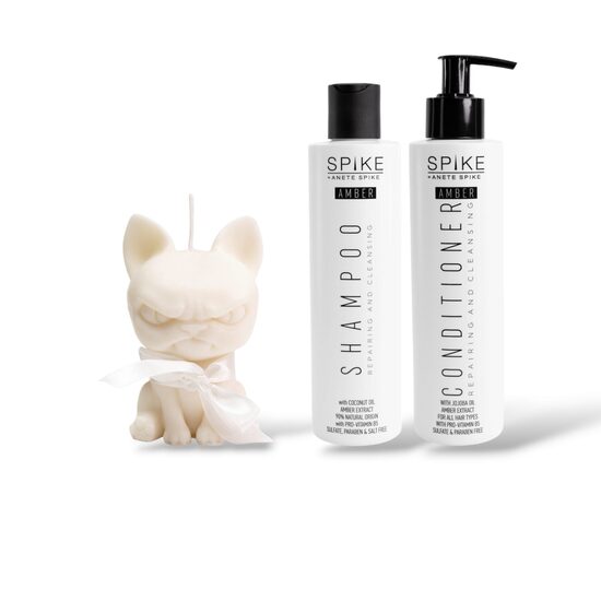 Angry cat with shampoo and conditioner